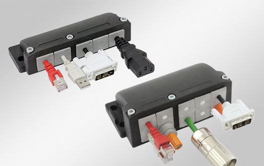 Flange enclosure for routing preassembled cables in a 90° angle to the enclosure wall. Available as single or double row version.