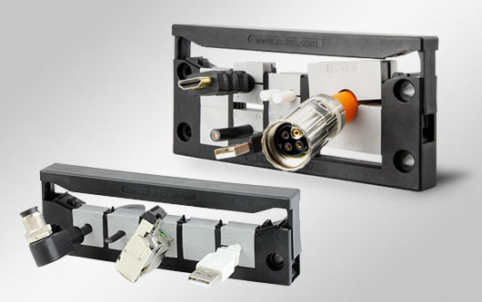 QT grommet based cable entry frames for tool-free assembly. Available as single or double row version.